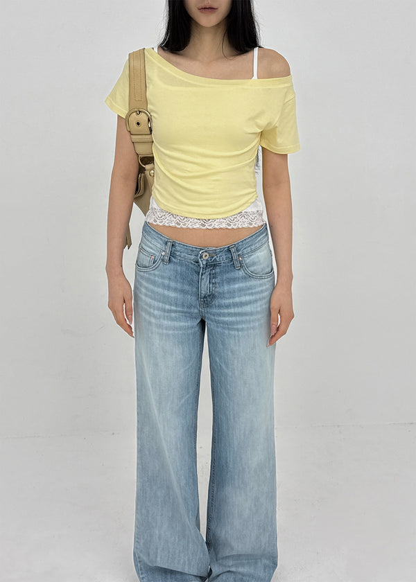 Ferrols Crop Color Off-shoulder Short Sleeve Tee
