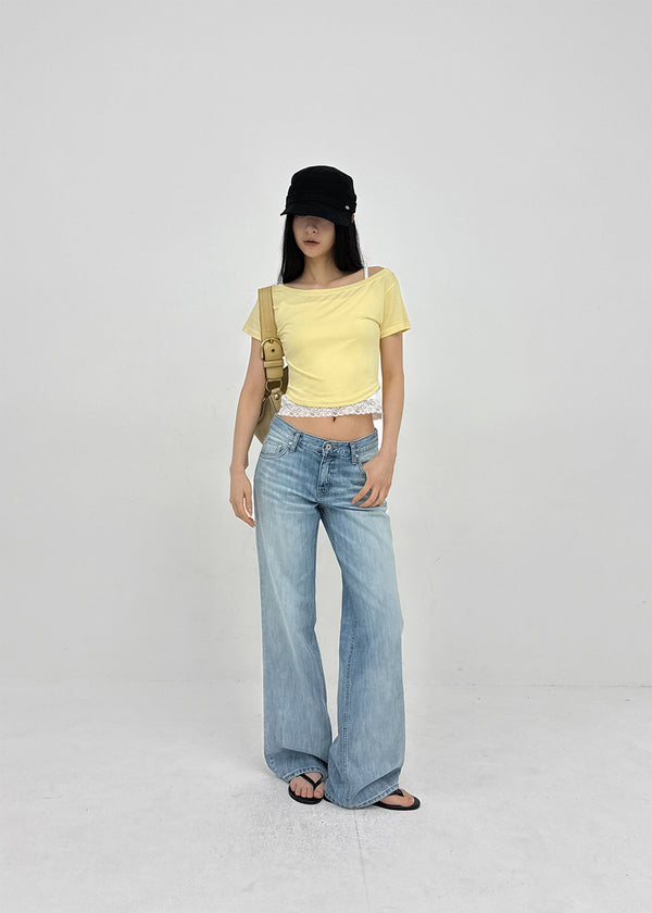 Ferrols Crop Color Off-shoulder Short Sleeve Tee