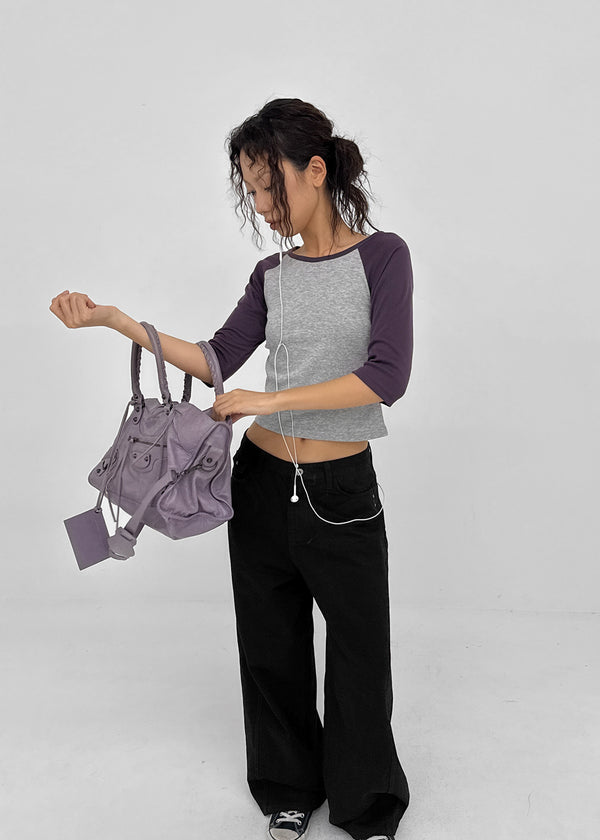 Half-tie Shirring Color-block Raglan 3/4 Sleeve Tee