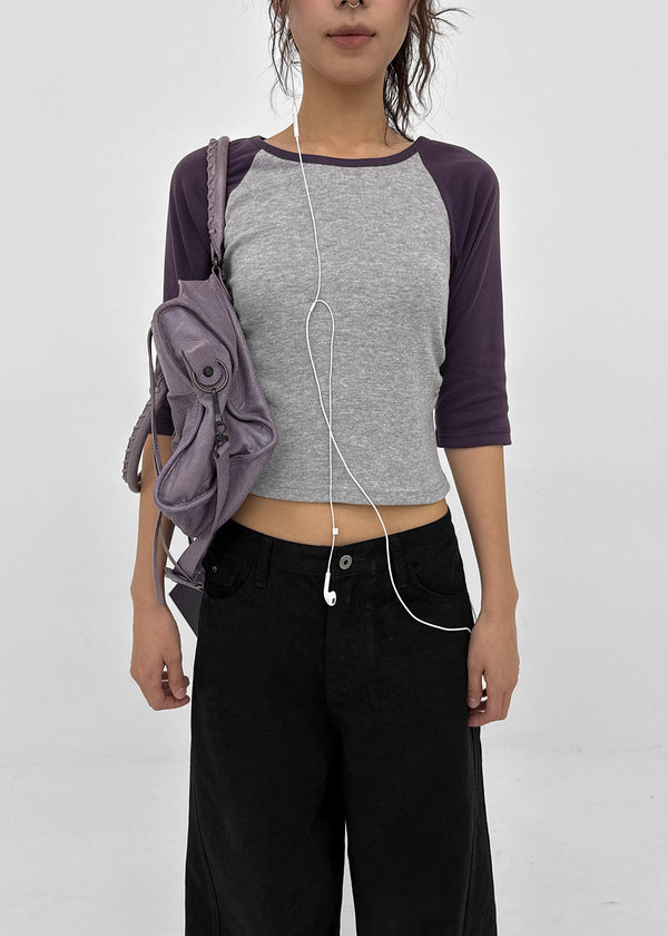 Half-tie Shirring Color-block Raglan 3/4 Sleeve Tee