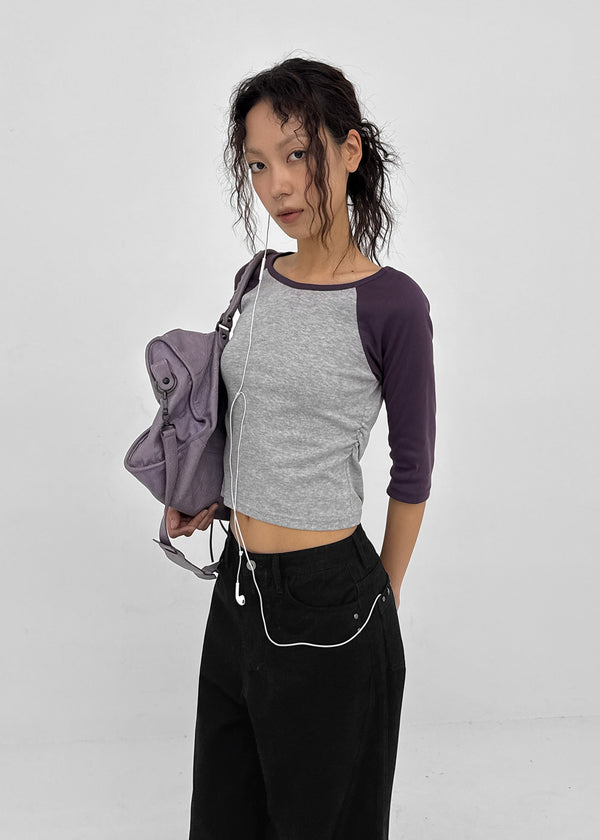 Half-tie Shirring Color-block Raglan 3/4 Sleeve Tee