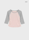 Half-tie Shirring Color-block Raglan 3/4 Sleeve Tee