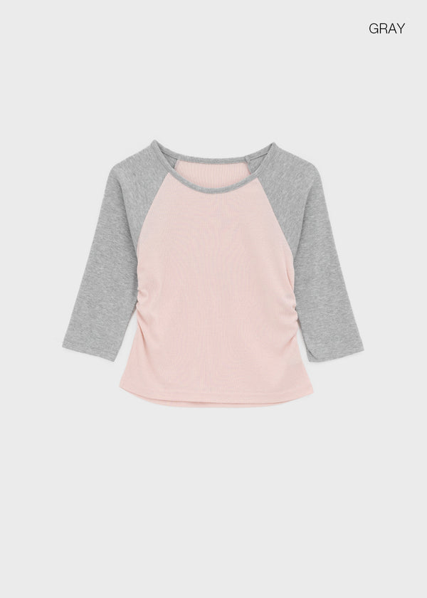 Half-tie Shirring Color-block Raglan 3/4 Sleeve Tee