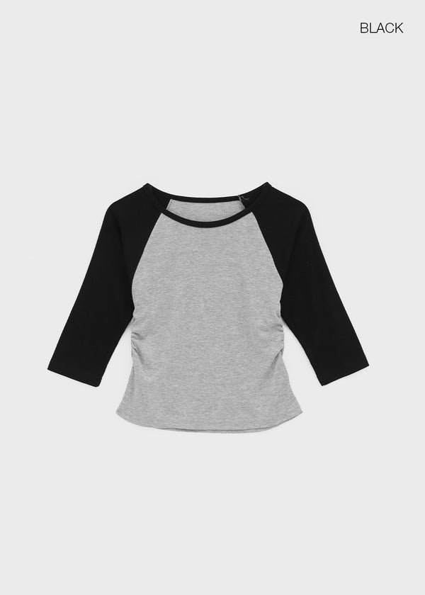 Half-tie Shirring Color-block Raglan 3/4 Sleeve Tee