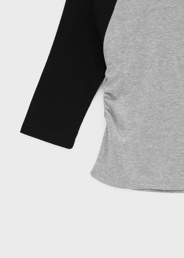 Half-tie Shirring Color-block Raglan 3/4 Sleeve Tee