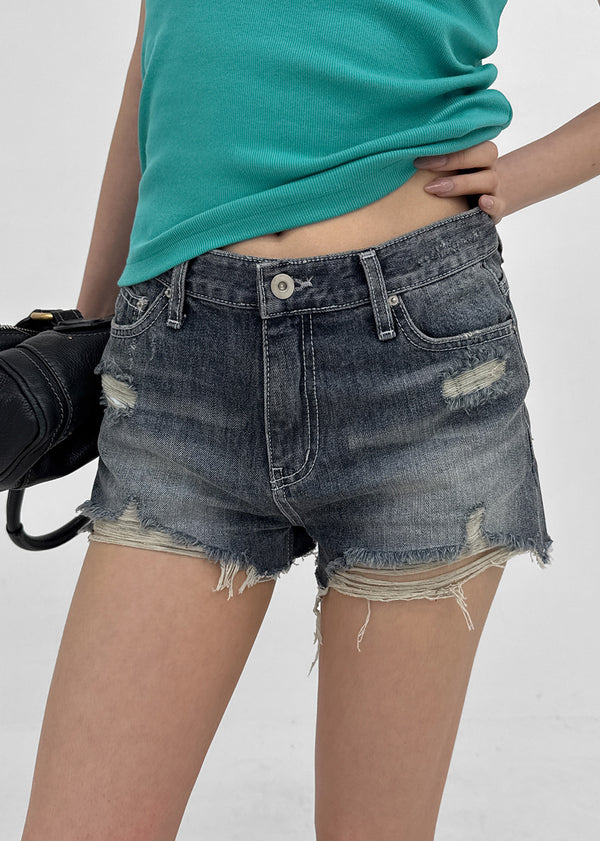 Fallb Damaged Washed Denim Shorts