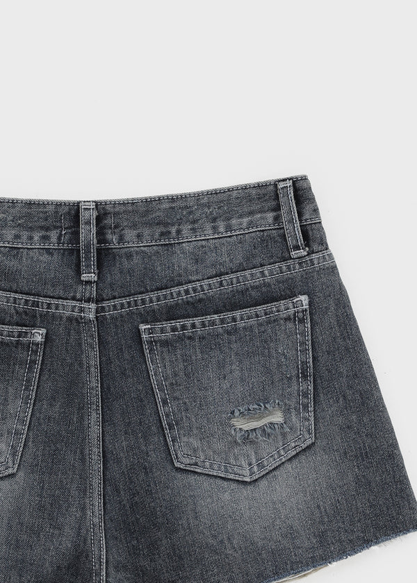Fallb Damaged Washed Denim Shorts