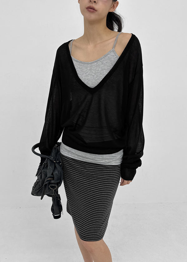 [MADE] Tesieth Sheer Deep V-Neck Knit Top