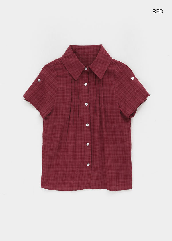 T-farm Pintuck Short Sleeve Check Shirt