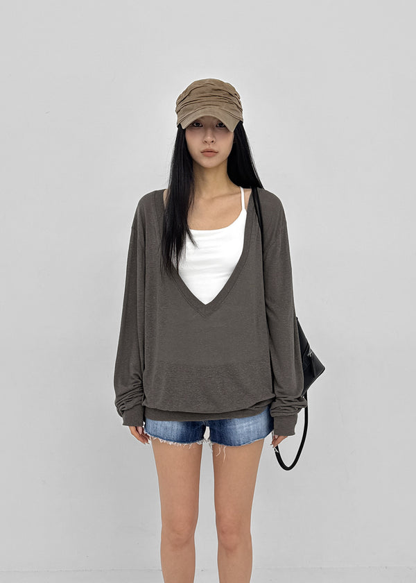 [MADE] Roslyn Deep V-Neck Summer Long Sleeve Top (Linen 55%)