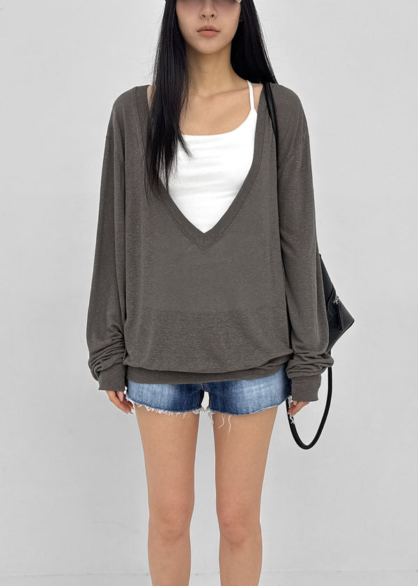 [MADE] Roslyn Deep V-Neck Summer Long Sleeve Top (Linen 55%)