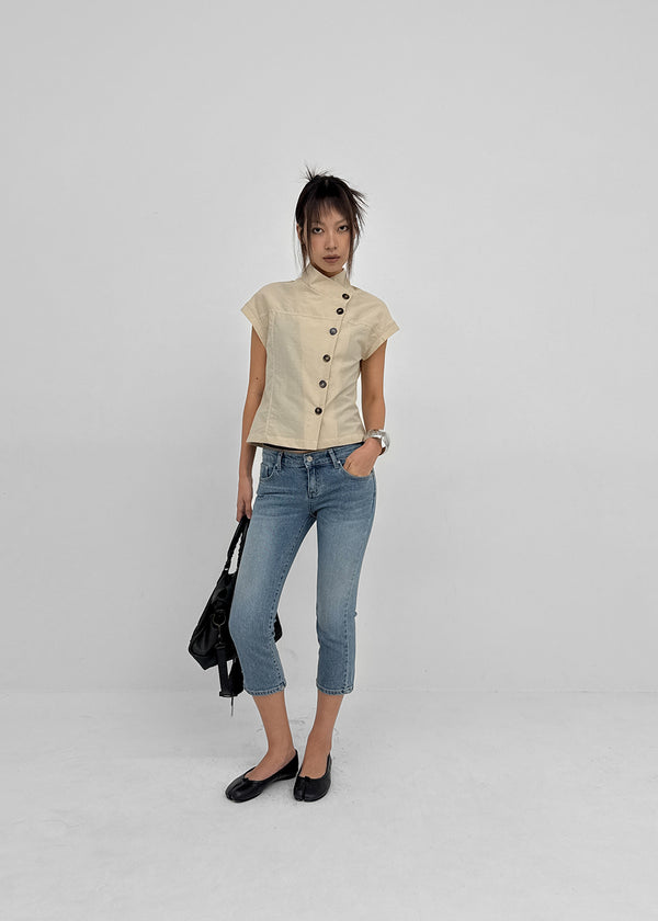 Pingle High-neck Button Short-sleeve Blouse