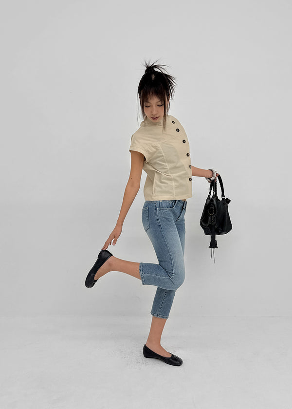 Pingle High-neck Button Short-sleeve Blouse