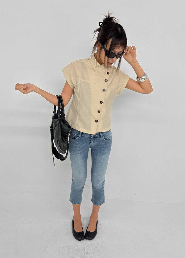 Pingle High-neck Button Short-sleeve Blouse