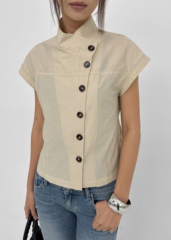 Pingle High-neck Button Short-sleeve Blouse