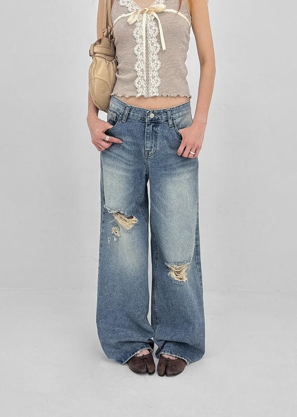 Foamco Damaged Low-waisted Straight Denim Pants