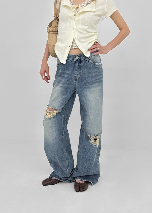 Foamco Damaged Low-waisted Straight Denim Pants