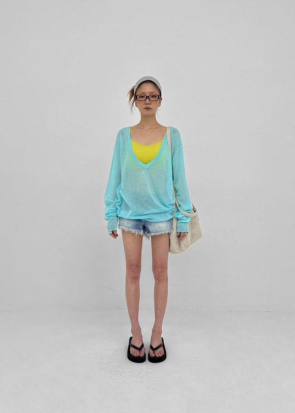 [MADE] Tesieth Sheer Deep V-Neck Knit Top