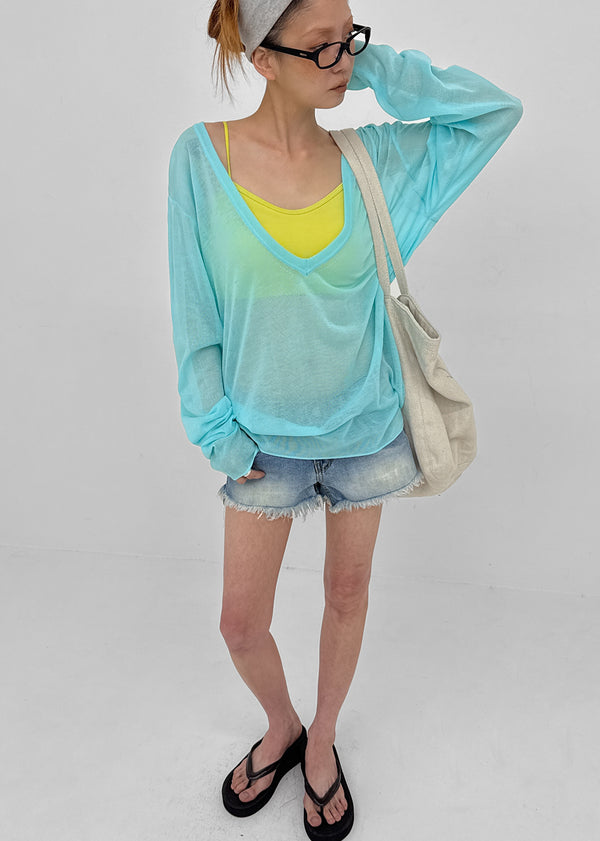 [MADE] Tesieth Sheer Deep V-Neck Knit Top