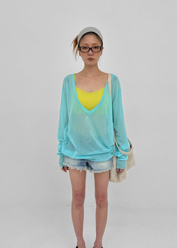 [MADE] Tesieth Sheer Deep V-Neck Knit Top