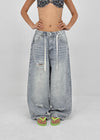 Tallbin Damaged Elastic Waist Wide Denim Pants