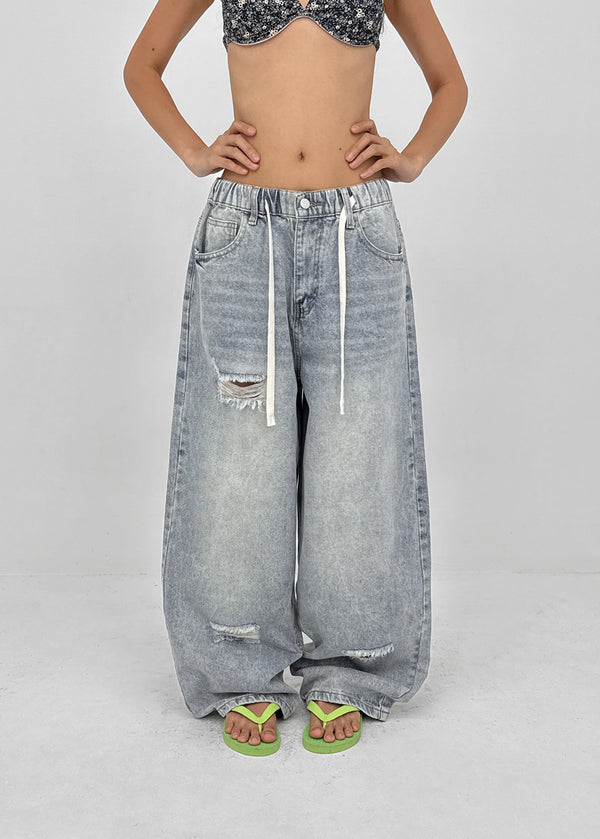 Tallbin Damaged Elastic Waist Wide Denim Pants