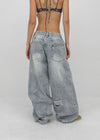 Tallbin Damaged Elastic Waist Wide Denim Pants