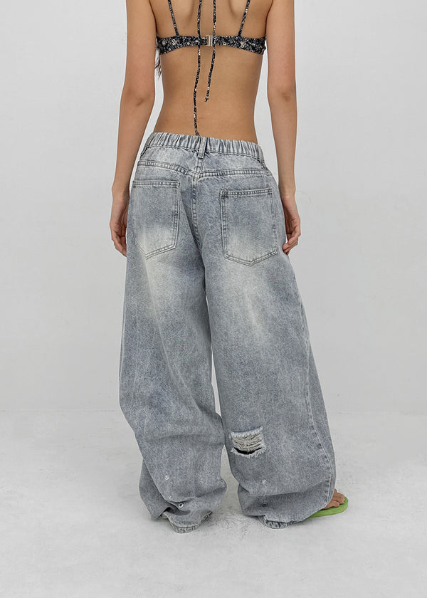 Tallbin Damaged Elastic Waist Wide Denim Pants