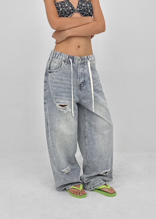 Tallbin Damaged Elastic Waist Wide Denim Pants