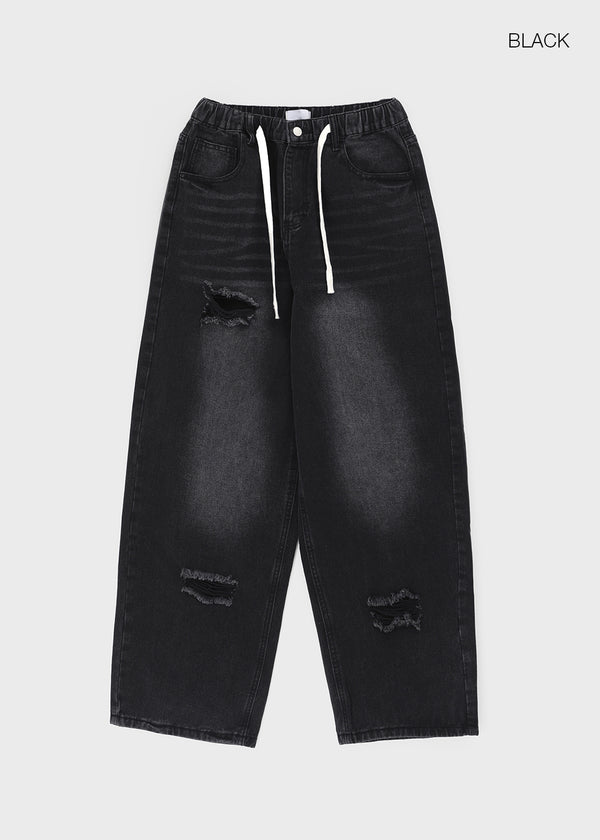 Tallbin Damaged Elastic Waist Wide Denim Pants