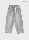 Tallbin Damaged Elastic Waist Wide Denim Pants
