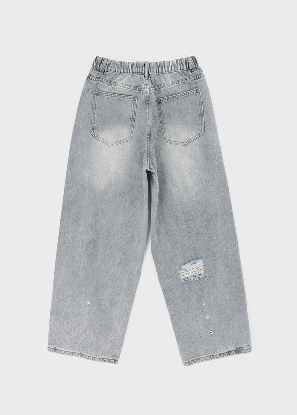 Tallbin Damaged Elastic Waist Wide Denim Pants