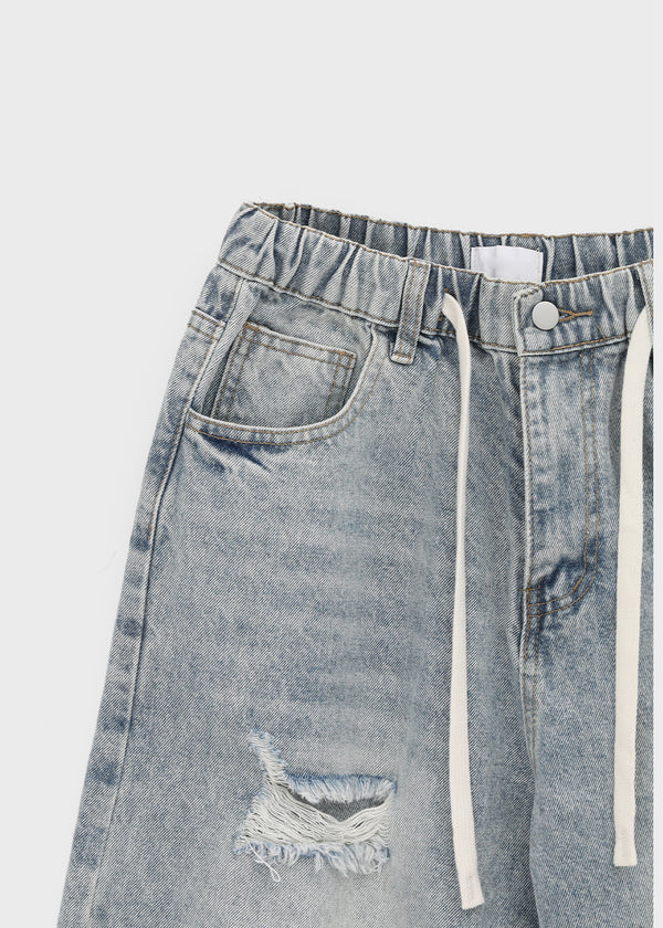 Tallbin Damaged Elastic Waist Wide Denim Pants