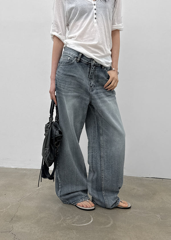(UNISEX) Pichel Double Back Pocket Wide Denim Pants