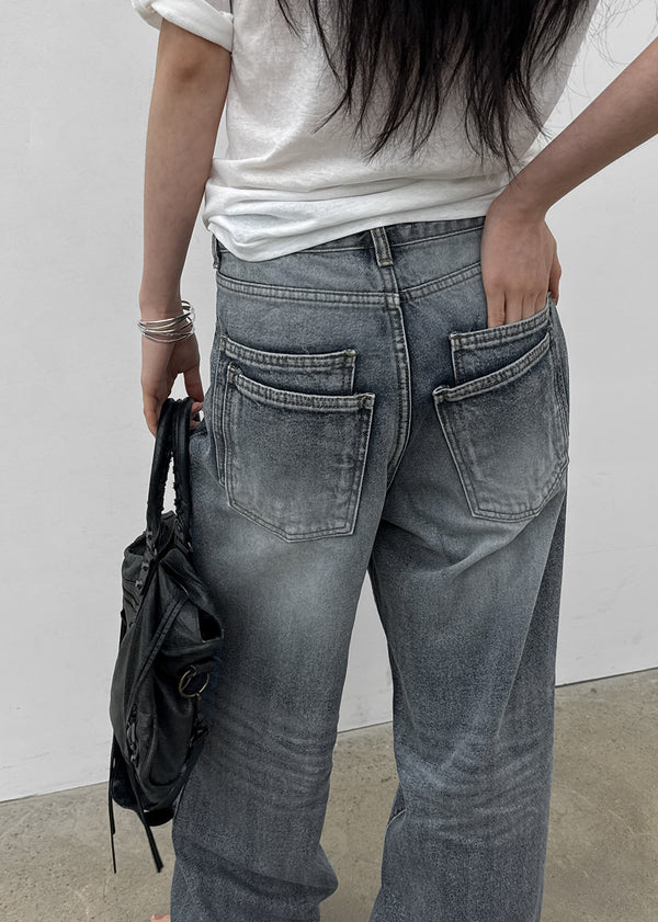 (UNISEX) Pichel Double Back Pocket Wide Denim Pants
