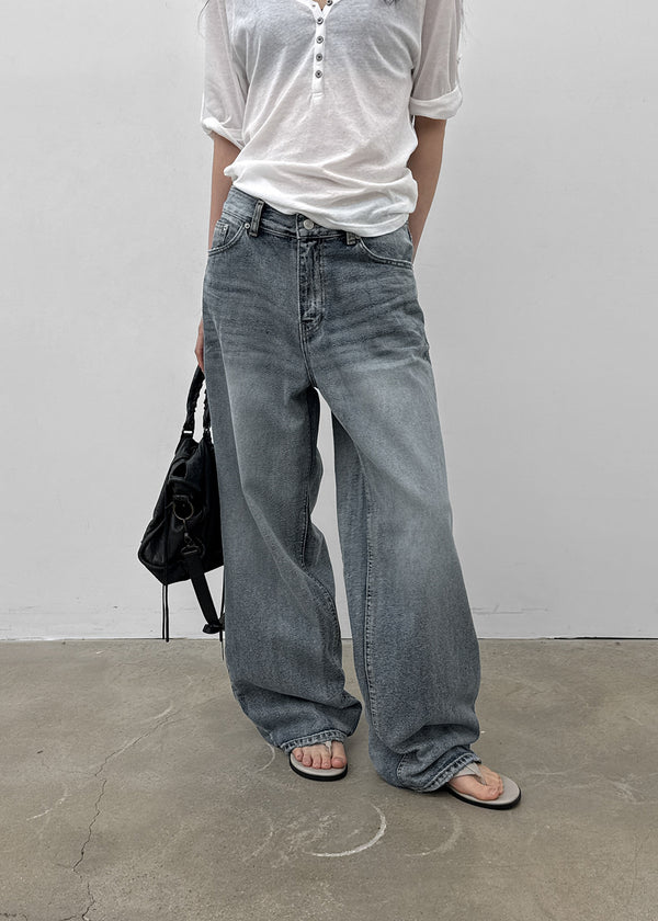 (UNISEX) Pichel Double Back Pocket Wide Denim Pants