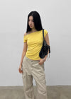 Unleng Jacquard Off-shoulder Short Sleeve Tee