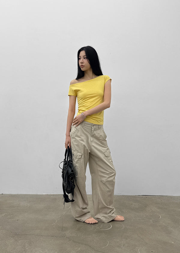 Unleng Jacquard Off-shoulder Short Sleeve Tee