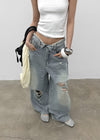 (UNISEX) Solpeng Folding Damaged Wide Denim Pants