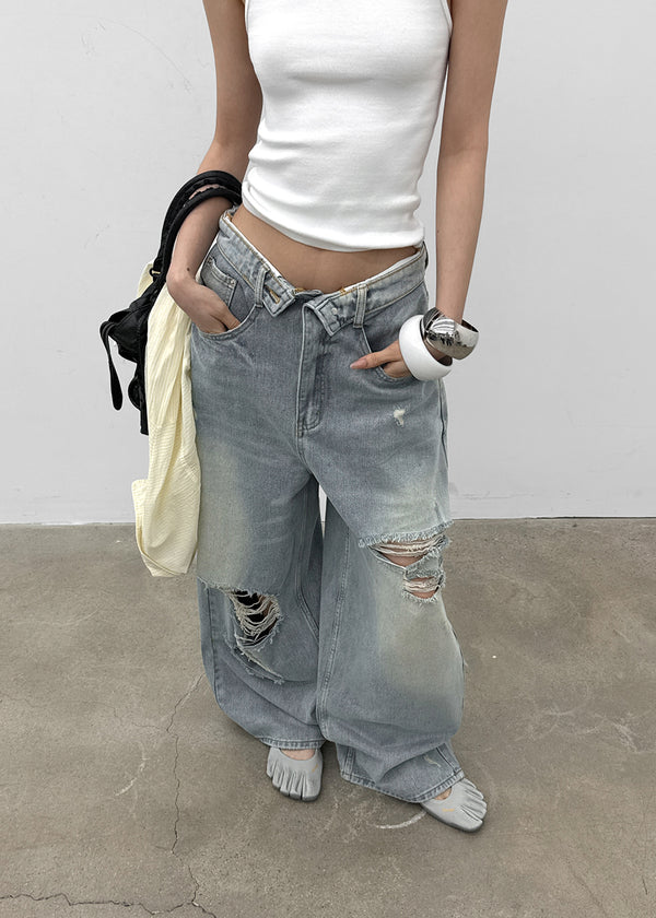 (UNISEX) Solpeng Folding Damaged Wide Denim Pants