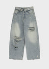 (UNISEX) Solpeng Folding Damaged Wide Denim Pants