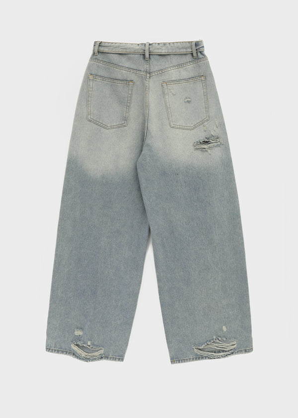 (UNISEX) Solpeng Folding Damaged Wide Denim Pants