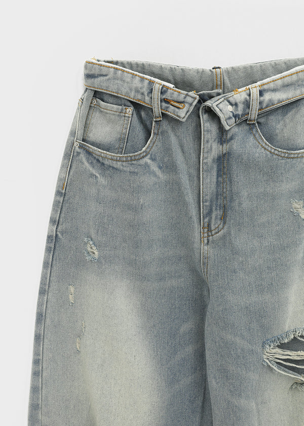 (UNISEX) Solpeng Folding Damaged Wide Denim Pants