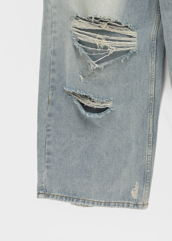 (UNISEX) Solpeng Folding Damaged Wide Denim Pants