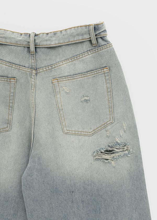 (UNISEX) Solpeng Folding Damaged Wide Denim Pants