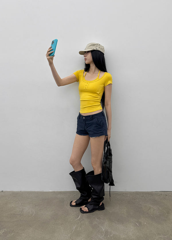 Solsee Halter Layered Short Sleeve Tee (Built-in Cap)