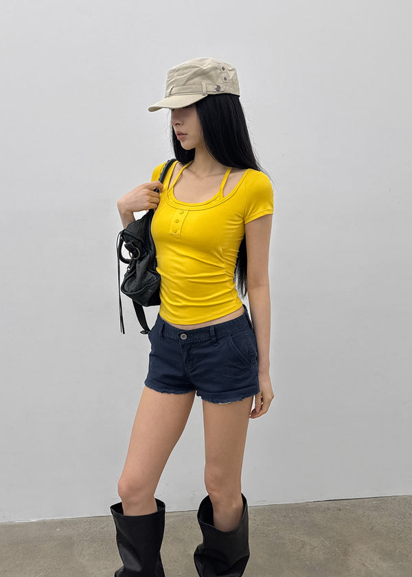Solsee Halter Layered Short Sleeve Tee (Built-in Cap)