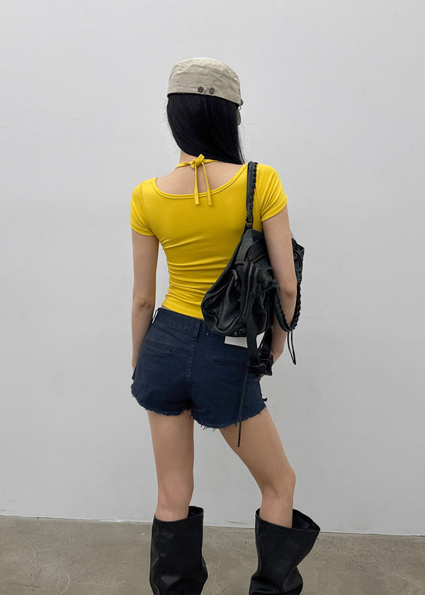 Solsee Halter Layered Short Sleeve Tee (Built-in Cap)