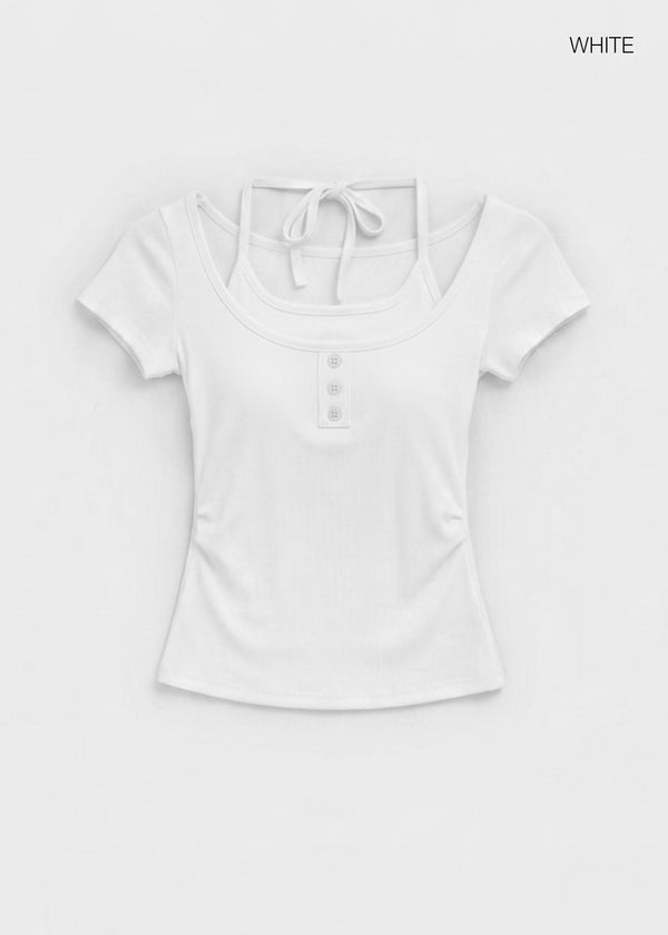 Solsee Halter Layered Short Sleeve Tee (Built-in Cap)