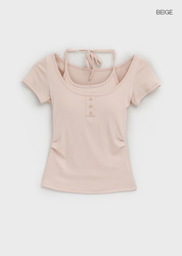 Solsee Halter Layered Short Sleeve Tee (Built-in Cap)